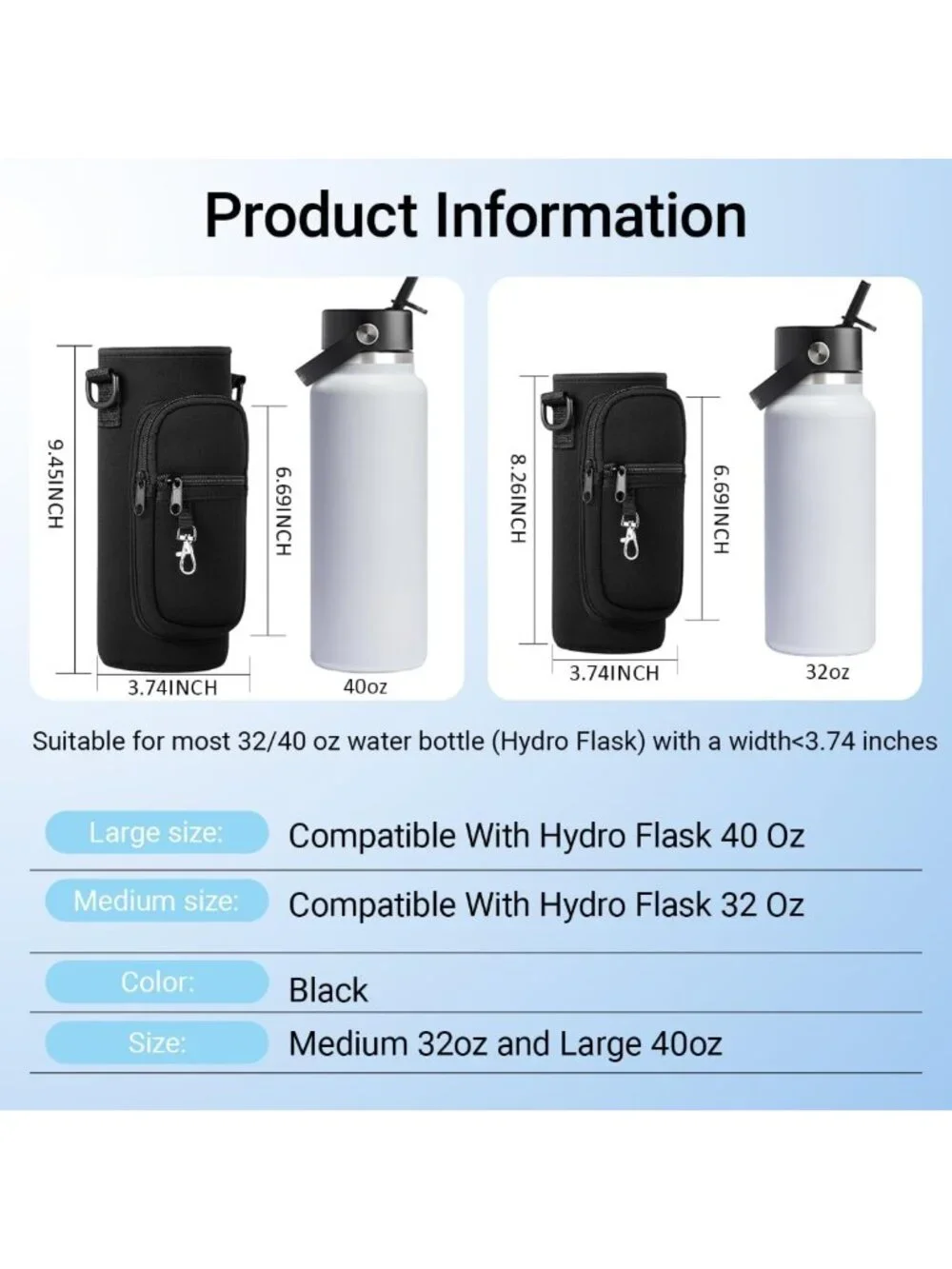 Water Bottle Holder with Strap for 32oz 40oz Hydroflask, Sling Bag with Phone